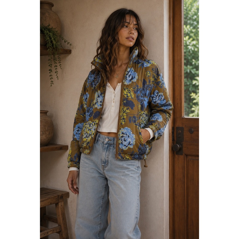 OFFLINE by Aerie Chillside Floral Puffer Jacket Brown Blue Yellow Large Full Zip